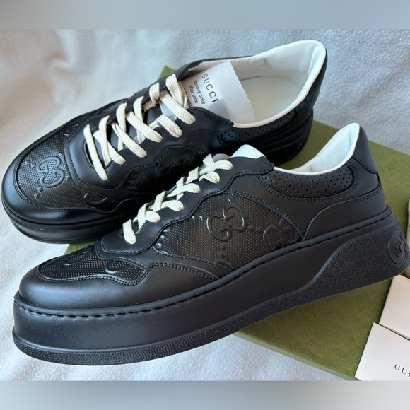 New Gucci Mens Sz 10 Chunky B Black Tennis Calf leather Sneakers ivory gold - Picture 3 of 8